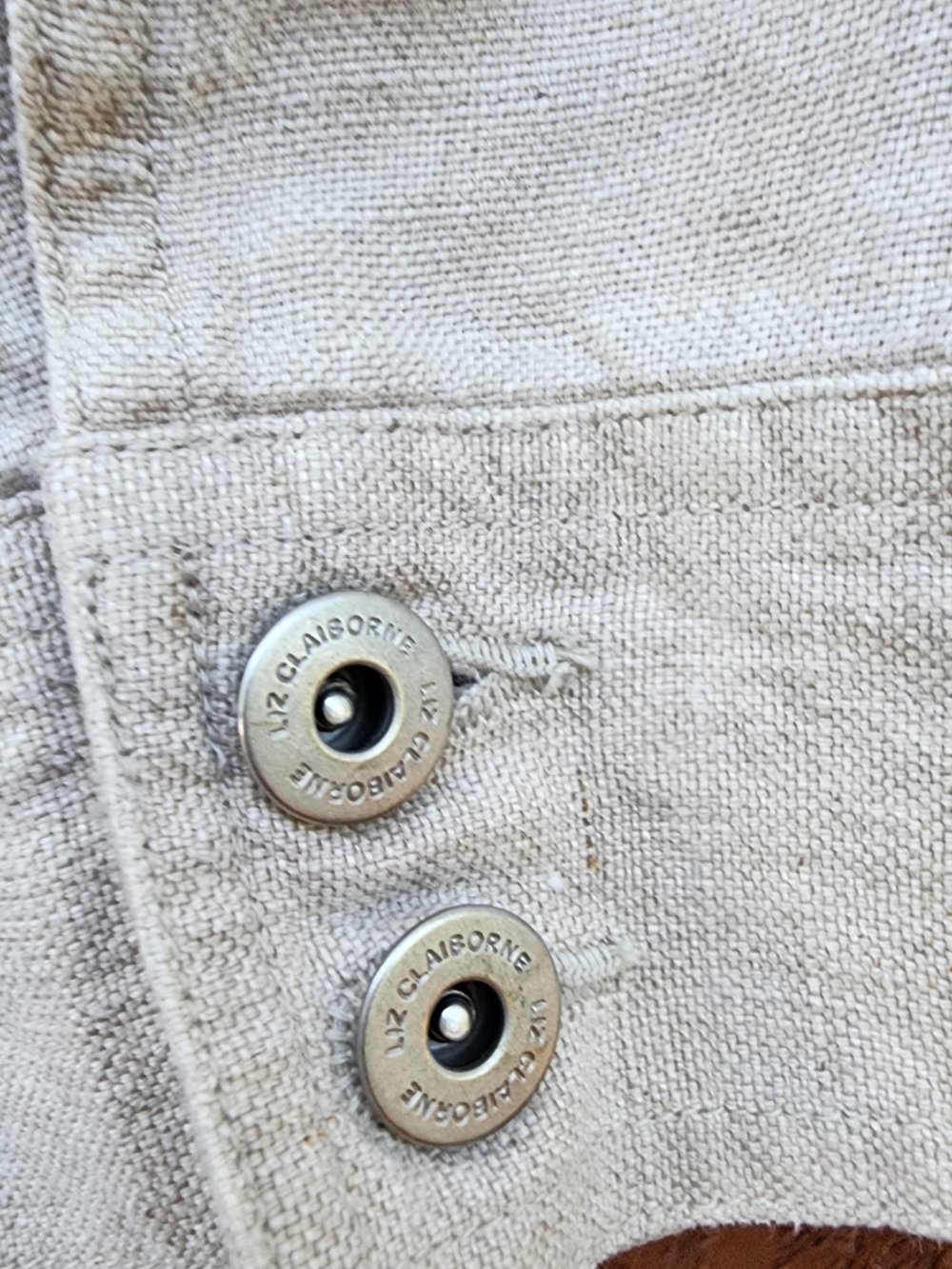 Liz Claiborne 100% Linen Floral Embroidered Trucker Jacket Beige L Cottagecore - Picture 3 of 13